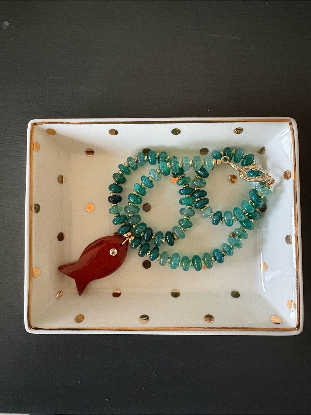 New Anthropologie Seafoam Green Beaded Necklace w/ Red Jasper Fish Pendant - Picture 3 of 6